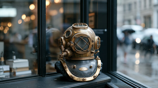 Career coach's desk seen from outside a rainy city office window, a single antique diving helmet sitting on the windowsill as a symbolic object, busy urban life reflected in