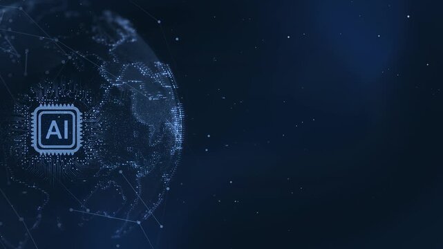 Artificial Intelligence Microchip Network Background with Digital Data Connections on Dark Blue Technology Gradient