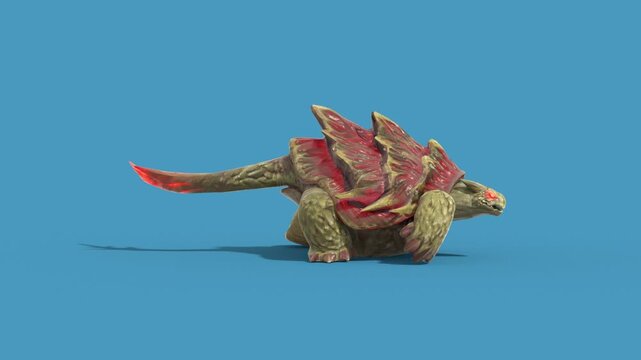 Blue Screen Monster Turtle Runs Side 3D Animations Rendering GCI 4K