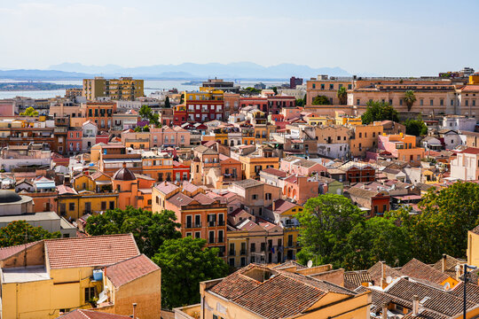Aerial city view of Cagliari, the capital and largest city of the island of Sardinia in Italy