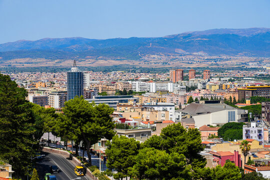Aerial city view of Cagliari, the capital and largest city of the island of Sardinia in Italy