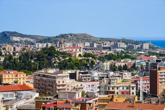 Aerial city view of Cagliari, the capital and largest city of the island of Sardinia in Italy