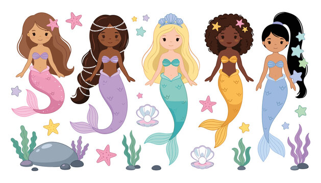  Cute Diverse Mermaid Vector Clipart Set Featuring Beautiful Little Undersea Princesses with Starfish, Seashells, Pearls, and Coral Reef Elements for Kids Designs