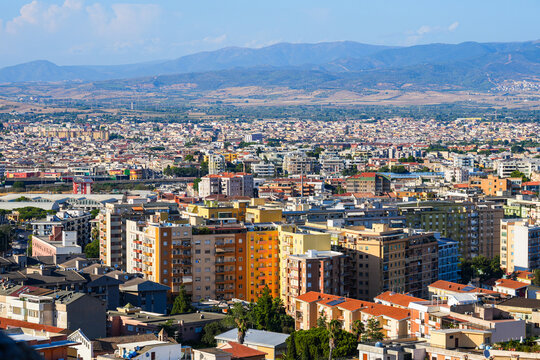 Aerial city view of Cagliari, the capital and largest city of the island of Sardinia in Italy