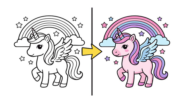 Cute unicorn coloring page for kids, magical pegasus with rainbow and stars, pink fantasy horse vector illustration