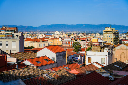Aerial city view of Cagliari, the capital and largest city of the island of Sardinia in Italy