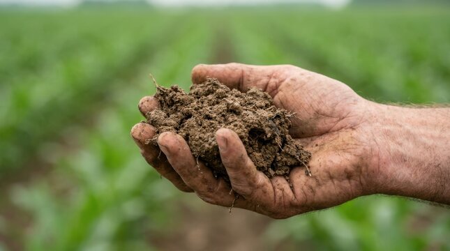 Farmer holding fertile soil in cupped hands showing quality earth for healthy green crop growth