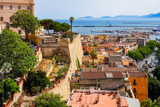 Aerial view of the fortifications walls of the Castello, the Old Town of Cagliari in Sardinia, Italy
