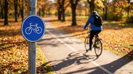 Naklejka premium Round blue bicycle lane sign standing beside a person riding a bicycle during golden autumn
