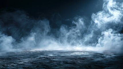 Fototapeta premium Dense white smoke swirls intensely over a dark textured rocky surface illuminated by soft cool blue glowing stage lighting effects