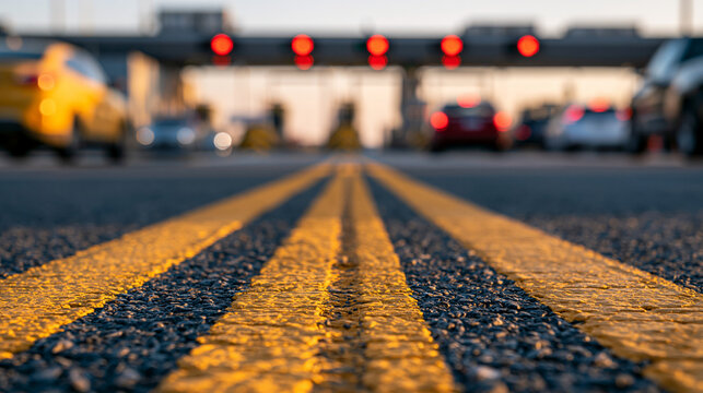 Low angle view of yellow road lines on an asphalt highway with blurred cars approaching a toll booth. Perfect for.