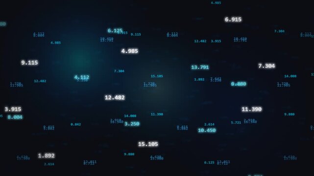 Glowing cyan financial data numbers float continuously across deep blue space with optical depth and bloom in a seamless 10-second video loop.
