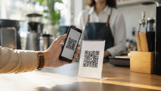 Hand holding smartphone displaying QR code in front of a clear acrylic stand with another QR code, barista in apron visible in a coffee shop setting