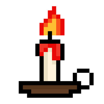 8-bit pixel art burning candle with dripping wax vector icon for halloween decor or Magic theme