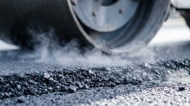 Heavy construction roller machine presses hot black asphalt onto the road surface during daily roadwork projects