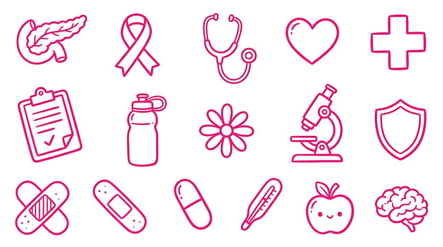 Collection of medical and health-related icons in a simple doodle style.