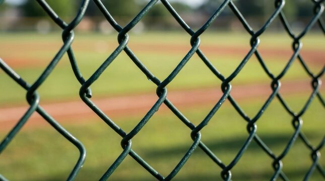 Green chain link metal fence texture photographed with a shallow depth of field in daylight
