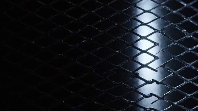 Dark metallic mesh illuminated by moving studio light creates a modern industrial texture background.
