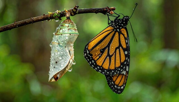 caterpillar transforming into a vibrant monarch butterfly emerging from a cracked chrysalis, metaphor for personal change and rebirth