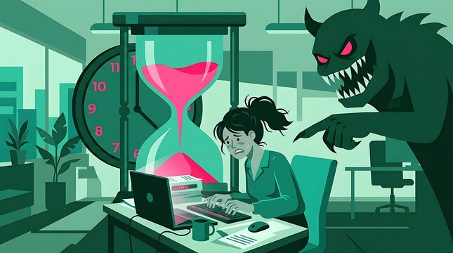 Stressed businesswoman working under pressure with deadline monster