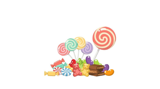 Colorful assorted sweet candies lollipops gummy bears jelly beans chocolate vector isolated white background illustration