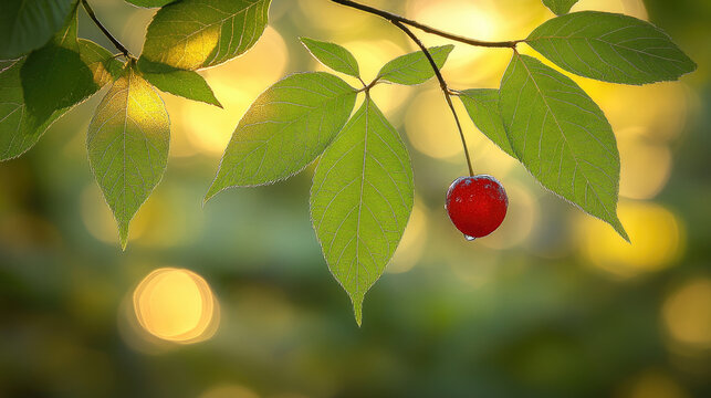 Dew Drops on Green Leaves and Single Red Berry in Golden Sunlight, Macro Nature Background