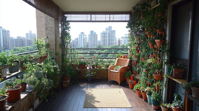 Lush Balcony Oasis Overlooking Cityscape: Green Plants, Flowers, Wicker Chair, Urban Apartment View
