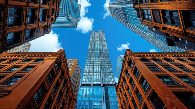 Modern skyscraper surrounded by historic brick buildings, viewed from below, urban cityscape, architectural contrast