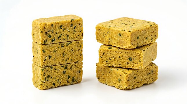 Two stacks of savory herb bouillon cubes on white background