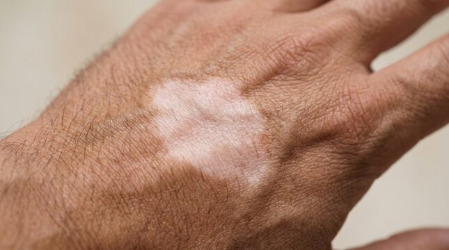 Pale white vitiligo skin patch on human hand showing natural pigmentation loss in close up detail