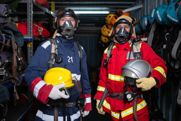 Fototapeta premium Portrait of two firefighters wearing breathing apparatus and protective gear prepare equipment