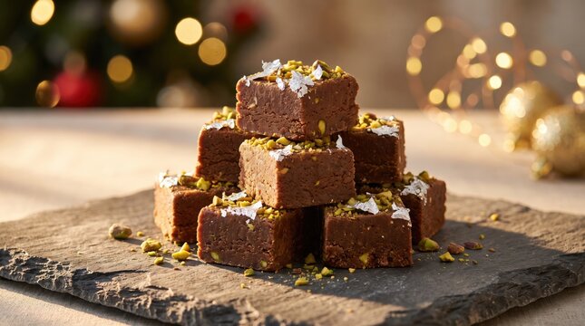 Chocolate fudge squares stack with crushed pistachios and silver leaf on a slate board for delicious festive holiday celebrations and sweet desserts