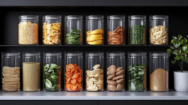 Neatly Organized Kitchen Pantry with Glass Jars Full of Grains, Spices, and Dried Foods