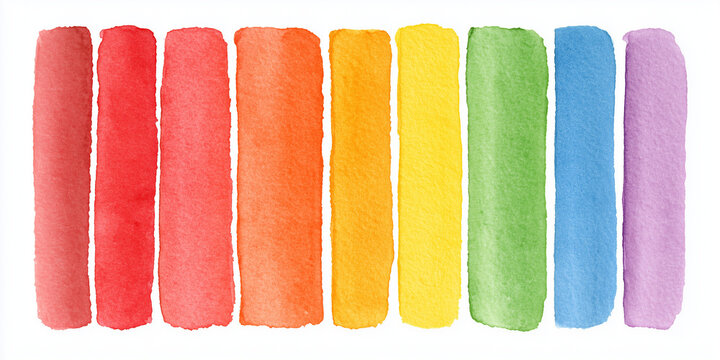 Set of Rainbow Watercolor Paint Swatches in Vertical Stripes, Hand Painted Colour Palette Sample on White Background, Art Supply and Design Element