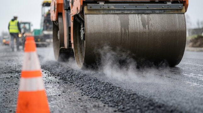Heavy steamroller compacts hot fresh asphalt on a highway construction site during a rainy day project