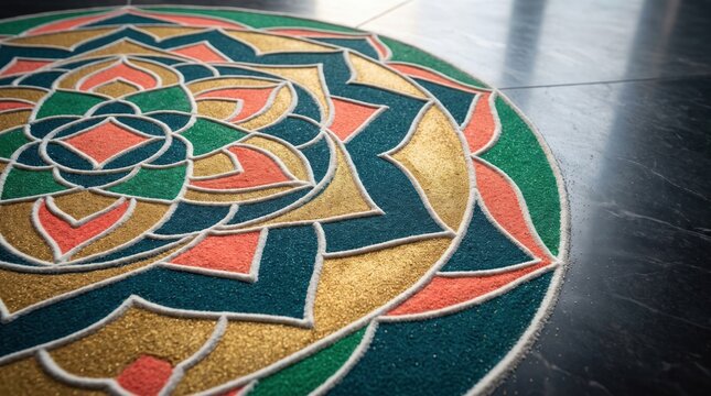 Colorful sand art mandala on dark stone floor with intricate geometric patterns and vibrant symmetrical floral design for mindful meditation and decor