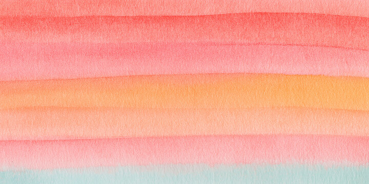 Coral Pink, Orange and Mint Watercolor Gradient Stripes, Hand Painted Sunset Horizon Texture on White Background, Calm Abstract Wall Art Design