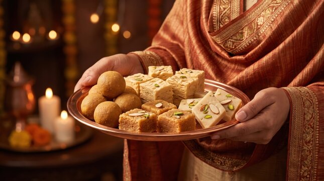 Indian sweets on a copper tray held by a person during Diwali festival celebration with glowing candles and traditional festive atmosphere in the