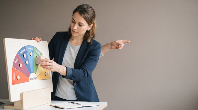 A woman in a business suit is placing a wooden block onto a circular emotion chart board, ad social media download thambnail poster web template event festival 2026 2027 2028