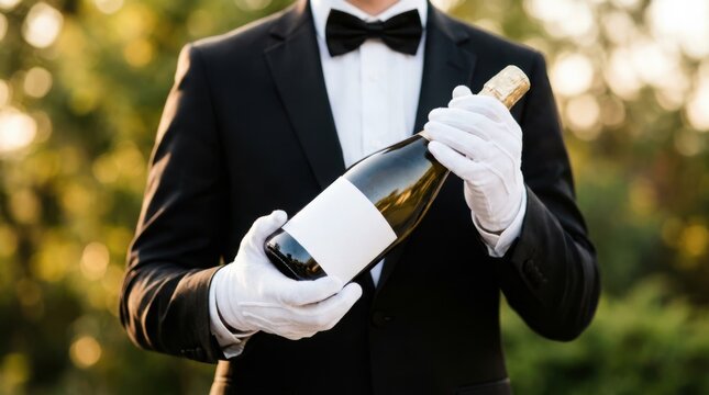Elegant waiter in formal tuxedo holding a bottle of champagne with white gloves outdoors at sunset