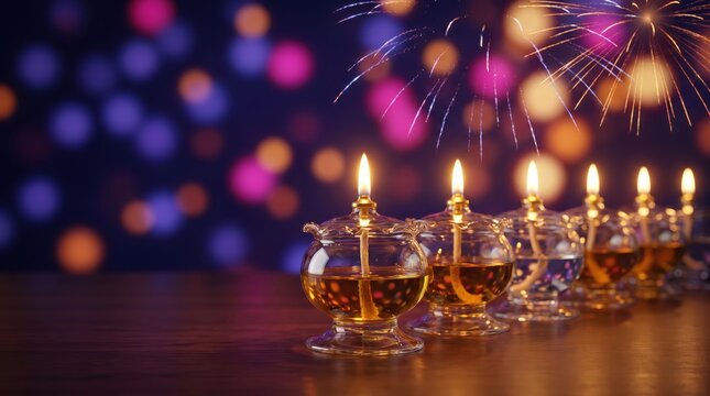 Diwali oil lamps with glowing flames and festive fireworks celebrating the festival of lights in a dark night with a colorful bokeh background