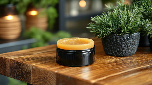 Natural body scrub in a jar on a wooden table, with rosemary plants and soft bokeh background lights.