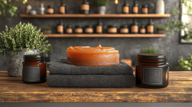 Natural spa treatment: organic body scrub on towels with amber jars and plants, relaxation and wellness