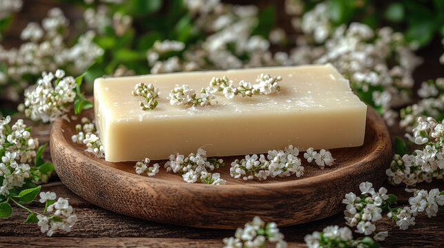 Natural Soap Bar with Delicate White Flowers and Green Leaves on Rustic Wooden Plate