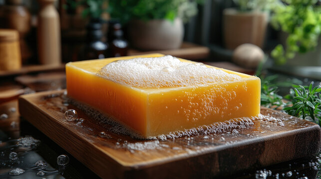 Handmade Natural Soap Bar with Bubbles and Herbs on Wooden Tray, Organic Skincare, Spa and Wellness