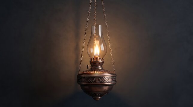 Vintage copper oil lamp hanging with glowing flame in dim room, casting a warm light against a dark textured wall background for rustic home interior