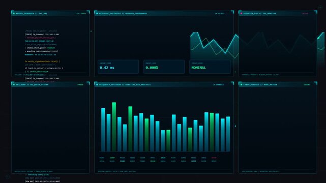 Futuristic Cyberspace HUD Interface Animated Loop with Live Scrolling Code, Analytics Line Graph, Spectrogram Bar Chart and Grid Overlay