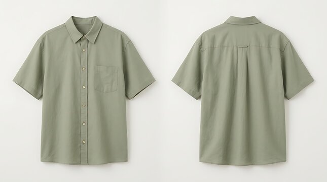 Sage green linen short sleeve shirt front and back view with clothing