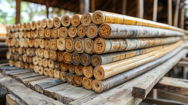 Stack of Natural Bamboo Poles, Raw Material for Construction and Craftsmanship, Rustic Outdoor Storage
