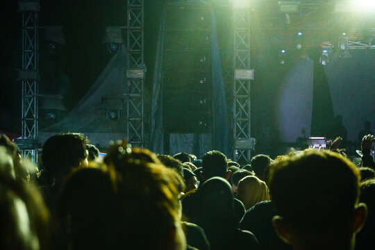 Crowd Watching a Night Concert with Bright Stage Beams